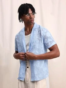 SUMWON 男士浅蓝色纹理短袖尖领纽扣衬衫，常规版型，夏季休闲正装衬衫 - 藍色 - 查看 1