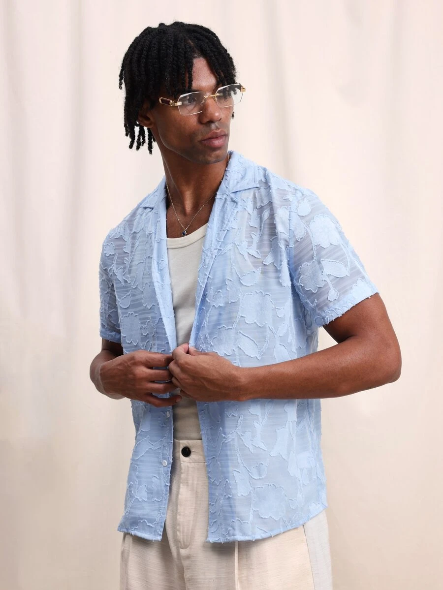 SUMWON 男士浅蓝色纹理短袖尖领纽扣衬衫，常规版型，夏季休闲正装衬衫 - 藍色 - 查看 1