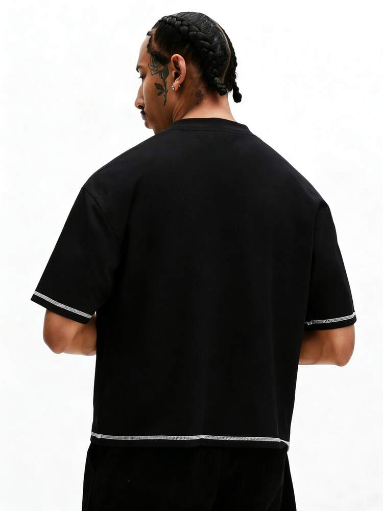 Męska czarna luźna koszulka z kontrastowymi przeszyciami i nadrukowanym logo Streetwear Urban Casual Krótki rękaw