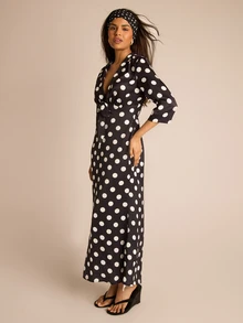 FASHION SZN 女士系带波点单色中长连衣裙，优雅别致性感，适合各种场合，假日连衣裙，夏季度假婚礼宾客礼服，深V领黑色波点 - 黑與白 - 查看 5