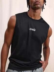 SUMWON Áo tank top cổ tròn không tay in logo ngực, chất liệu trơn, co giãn, thích hợp mặc hàng ngày, mùa hè. - màu đen - Xem 1