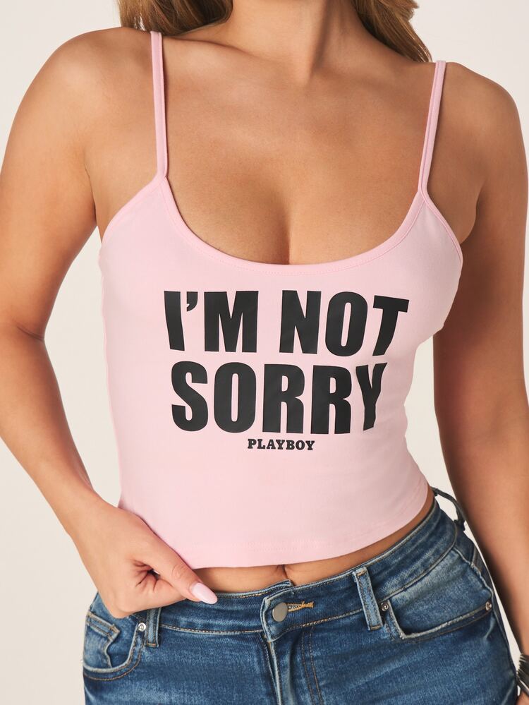Missguided x Playboy Slogan Träger-Top mit Grafik-Text-Aufdruck "I'M Not Sorry", verstellbare Träger, Rundhalsausschnitt, Sommer Casual feminines Statement-Top