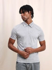 SUMWON 男士短袖 Polo 衫，四分之一拉链翻领高尔夫球衫，常规版型，休闲春夏日常穿着 - 淺灰色 - 查看 4