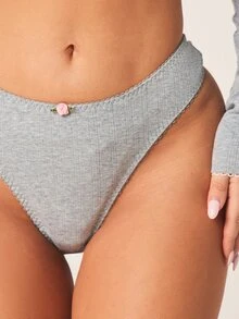 MISSGUIDED Grey Pointelle Ribbed Thong With Scalloped Edge Rose Trim Detail Comfort Fit Underwear - Light Grey - View 4