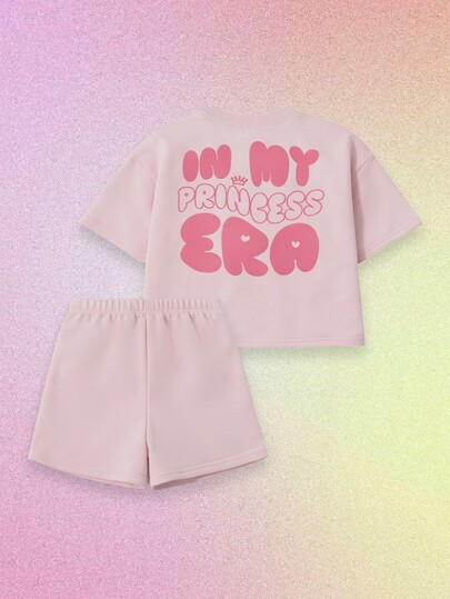 SUMWON Oversized Girls Princess Era Co-Ord Set Light Pink Crop Top With Matching Shorts Summer Casual Outfit