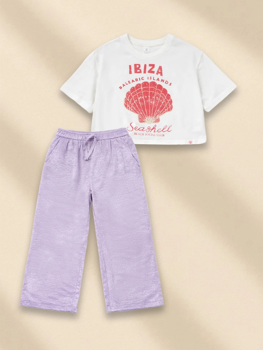 SUMWON Flickors tvådelade grafiska snäckskalstryckta crop top med vida ben och byxor, sommar och strand, set med set - Vitt - Visa 1