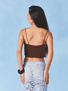 AiiRZ Lace Trim Satin Camisole Top With Delicate White Contrast Detail Brown Sleeveless Feminine Layering Piece - Brown - View 2