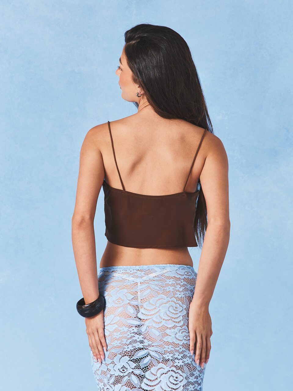AiiRZ Lace Trim Satin Camisole Top With Delicate White Contrast Detail Brown Sleeveless Feminine Layering Piece