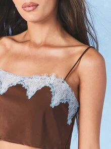 AiiRZ Lace Trim Satin Camisole Top With Delicate White Contrast Detail Brown Sleeveless Feminine Layering Piece - Brown - View 5