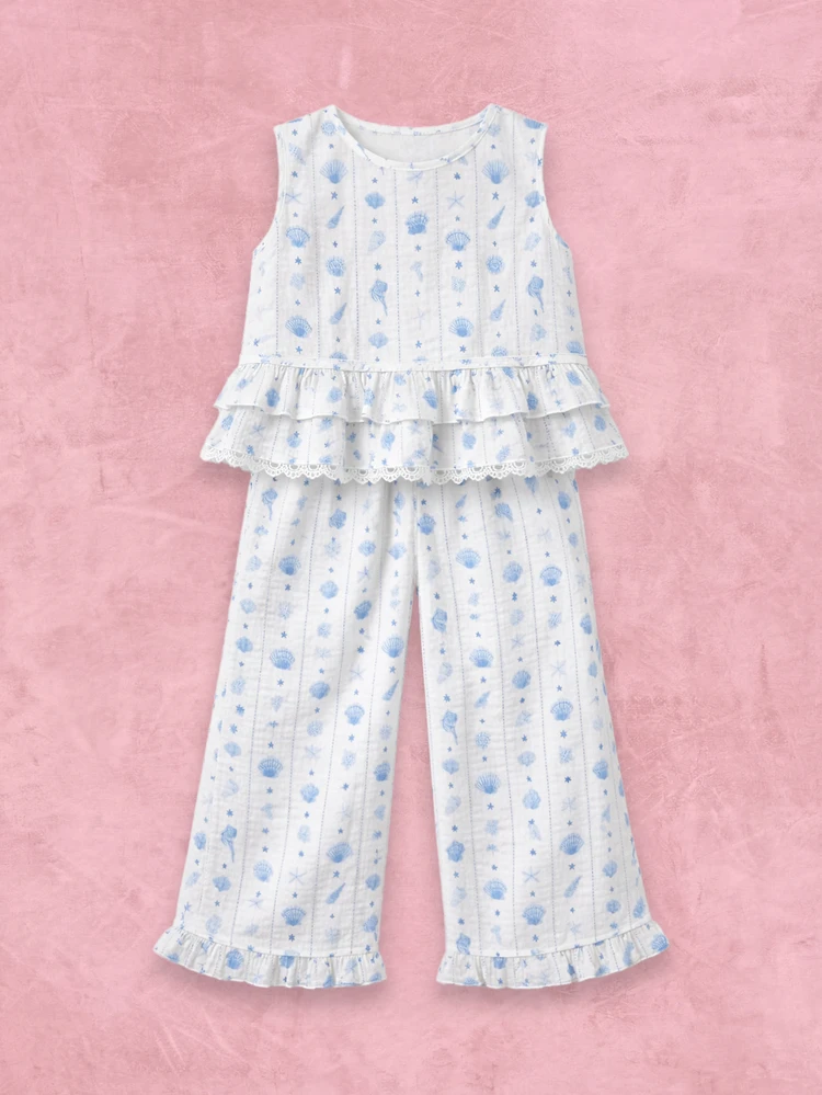 Girls Sea Shell Print Ruffle Tank And Flare Pant Two Piece Summer Coordinate Set With Lace Trim