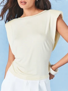 AiiRZ Áo tank top không tay màu kem có đệm vai và dây buộc eo phía sau, kiểu dáng mùa hè. - Vàng nhạt - Xem 4