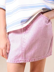 SUMWON Girls High Rise Distressed Light Pink Acid Wash A-Line Denim Mini Skirt With Side Pockets And Button Fly Closure - Pink - View 5
