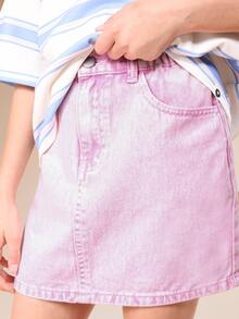 SUMWON Girls High Rise Distressed Light Pink Acid Wash A-Line Denim Mini Skirt With Side Pockets And Button Fly Closure - Pink - View 6