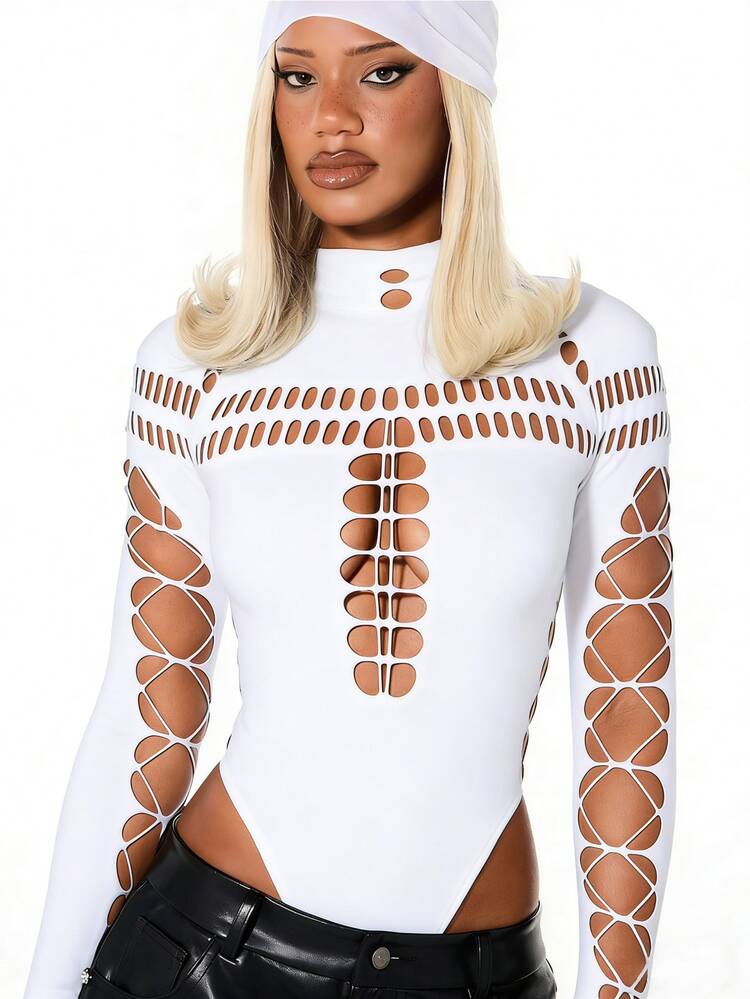 SUMWON WOMEN Long Sleeve Cutout Bodysuit With Lace Up Detail Mock Neck High Neck Fashion Statement Bodysuit Club Party Bodysuit