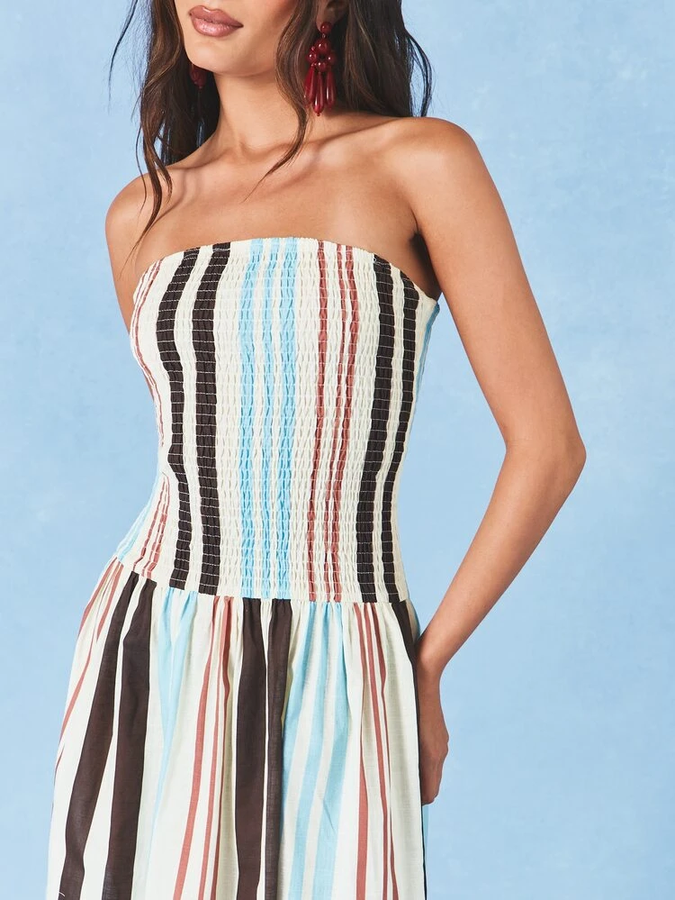 Strapless Bandeau Shirred Maxi Dress With Vertical Stripes