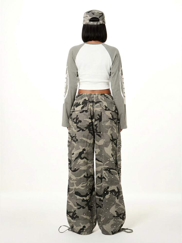 SUMWON WOMEN Women Low Rise Camo Cargo Pants With Rhinestone Pearl Details Wide Leg Parachute Trousers Festival Streetwear