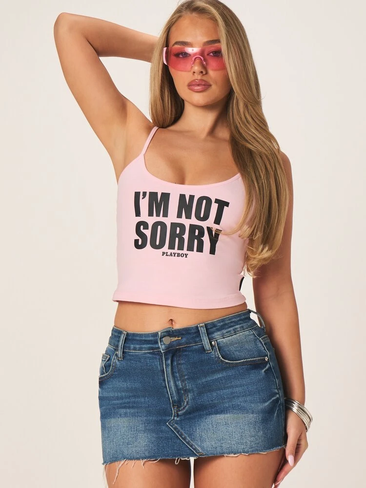 Missguided x Playboy Slogan Träger-Top mit Grafik-Text-Aufdruck "I'M Not Sorry", verstellbare Träger, Rundhalsausschnitt, Sommer Casual feminines Statement-Top