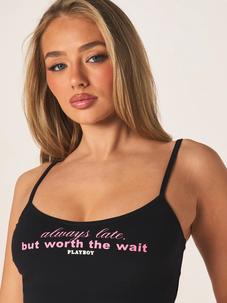 Missguided x Playboy Slogan Cami Top Black Adjustable Straps Worth The Wait Print Crop Tank Summer Party