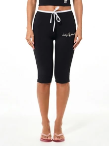 BABYPHAT Quần legging lửng Jersey có dây rút ở eo, dài đến đầu gối dành cho nữ. - màu đen - Xem 4