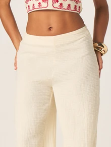 MISSGUIDED Women's Embroidered Floral Wide Leg Casual Pants High Rise Bohemian Summer Palazzo Trousers With Red Botanical Print - Apricot - View 5