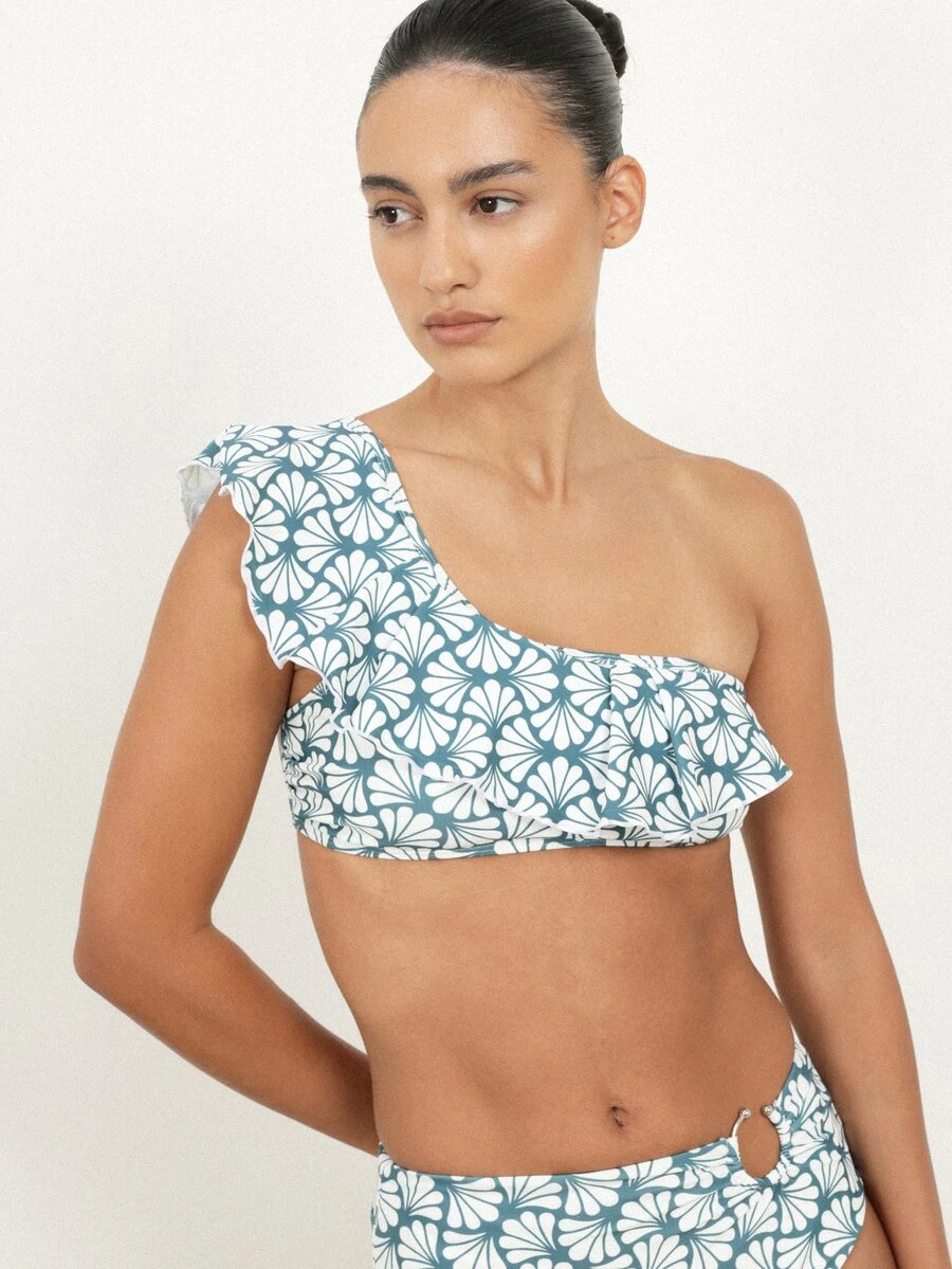 KSTM One-Shoulder Ruffled Floral Print Bikini Top Summer Beachwear With Asymmetric Design And Fan Pattern - Multicolor - View 1
