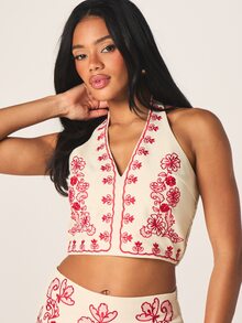 MISSGUIDED Women's Embroidered Halter Neck Crop Top With Floral Pattern And Red Embroidery Detail Summer Festival Vacation Boho Style - Apricot - View 5