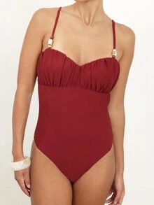 KSTM Traje de baño de una pieza con busto fruncido, con tirantes ajustables y diseño de espalda abierta para vacaciones en la playa, natación en verano, uso en resort - Burdeos - Ver 6
