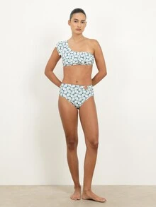 KSTM One-Shoulder Ruffled Floral Print Bikini Top Summer Beachwear With Asymmetric Design And Fan Pattern - Multicolor - View 3
