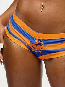 SUMWON WOMEN Bộ bikini tam giác kẻ sọc với cổ yếm và đáy quần buộc dây, thích hợp cho kỳ nghỉ hè ở bãi biển. - Nhiều màu - Xem 7