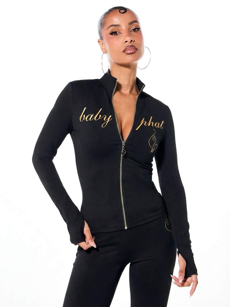 BABYPHAT Women High Neck Long Sleeve Zip Up Jersey Top With Gold Glitter Script Print Text Streetwear Fashion