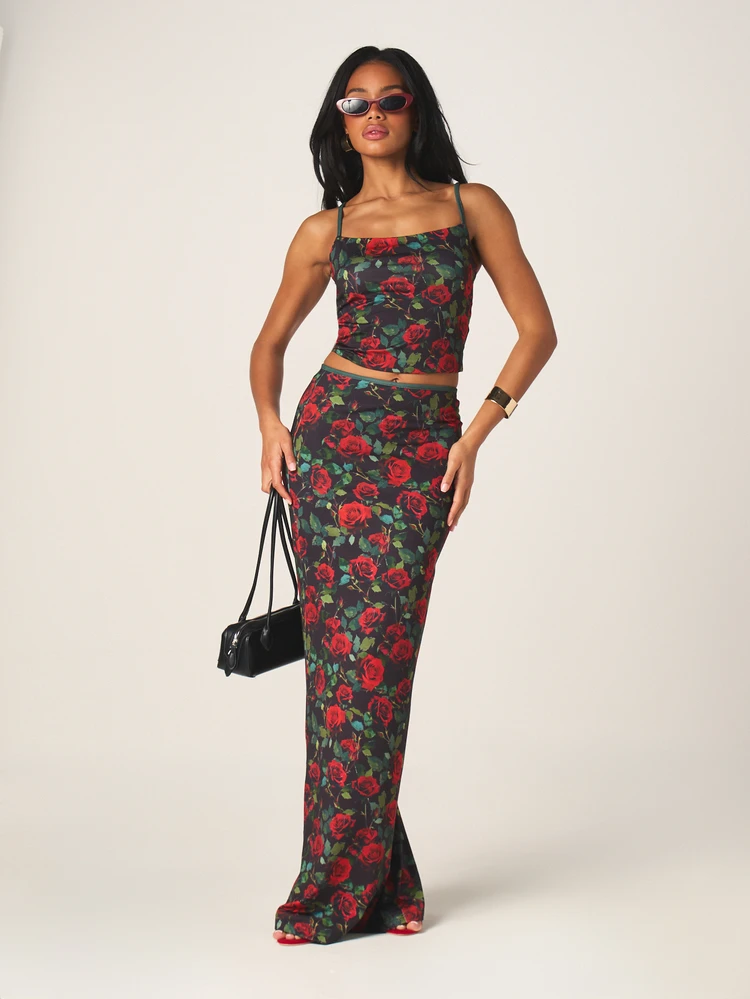 MISSGUIDED Conjunto de Cropped e Saia Longa Floral com Estampa de Rosas para Mulheres, Conjunto de Verão com Alças Finas e Silhueta Lápis