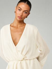 MISSGUIDED Women Deep V-Neck Wrap Mini Dress With Lace Trim Long Sleeves Chiffon Evening Party Date Night Outfit - Cream - View 5