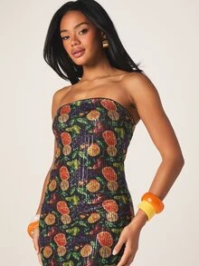 MISSGUIDED Đầm maxi ôm sát cơ thể in họa tiết trái cây, không dây vai, đính sequin dành cho nữ, thích hợp cho tiệc tối, đi chơi đêm, mùa hè, đám cưới, tiệc trang trọng. - Nhiều màu - Xem 2