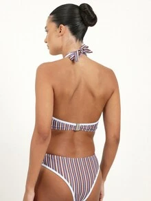 KSTM 女士露背深V领条纹连体泳衣，后背系带设计，夏季沙滩装 - 彩色 - 查看 2