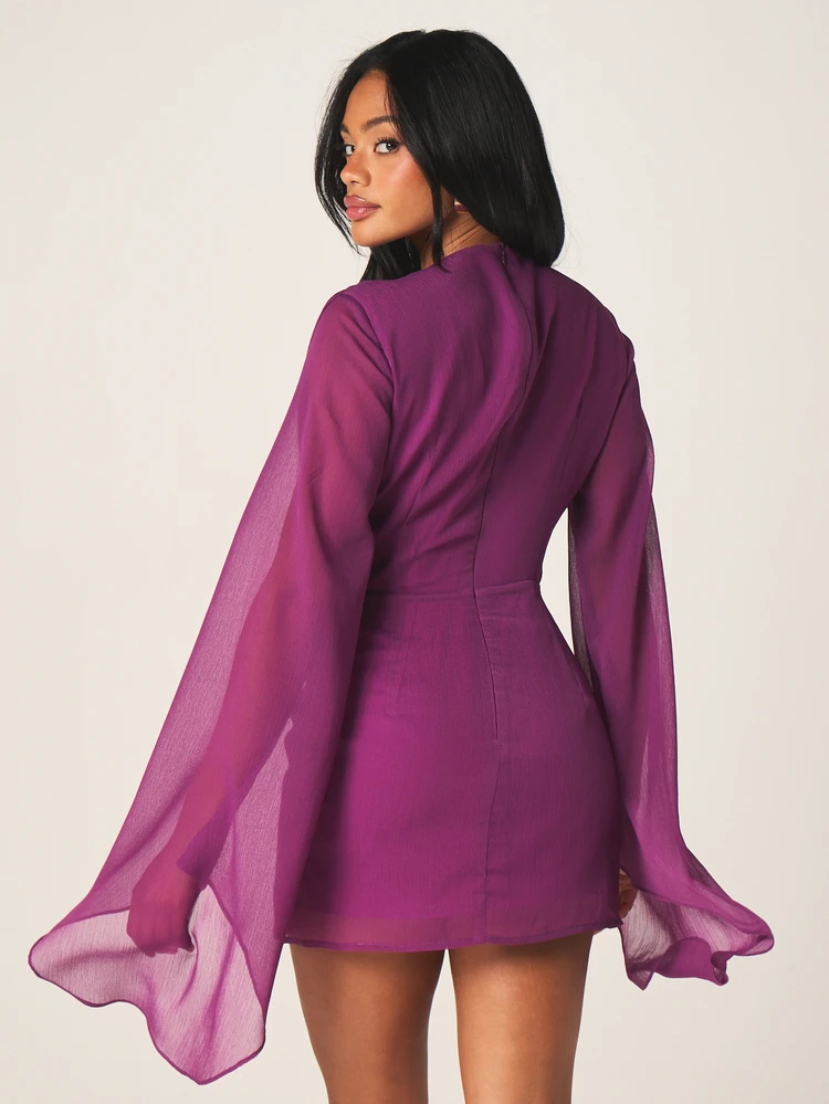 MISSGUIDED Purple Plunge Neck Chiffon Mini Dress With Oversized Bell Sleeves And Cowl Front Detail Party Evening Wear