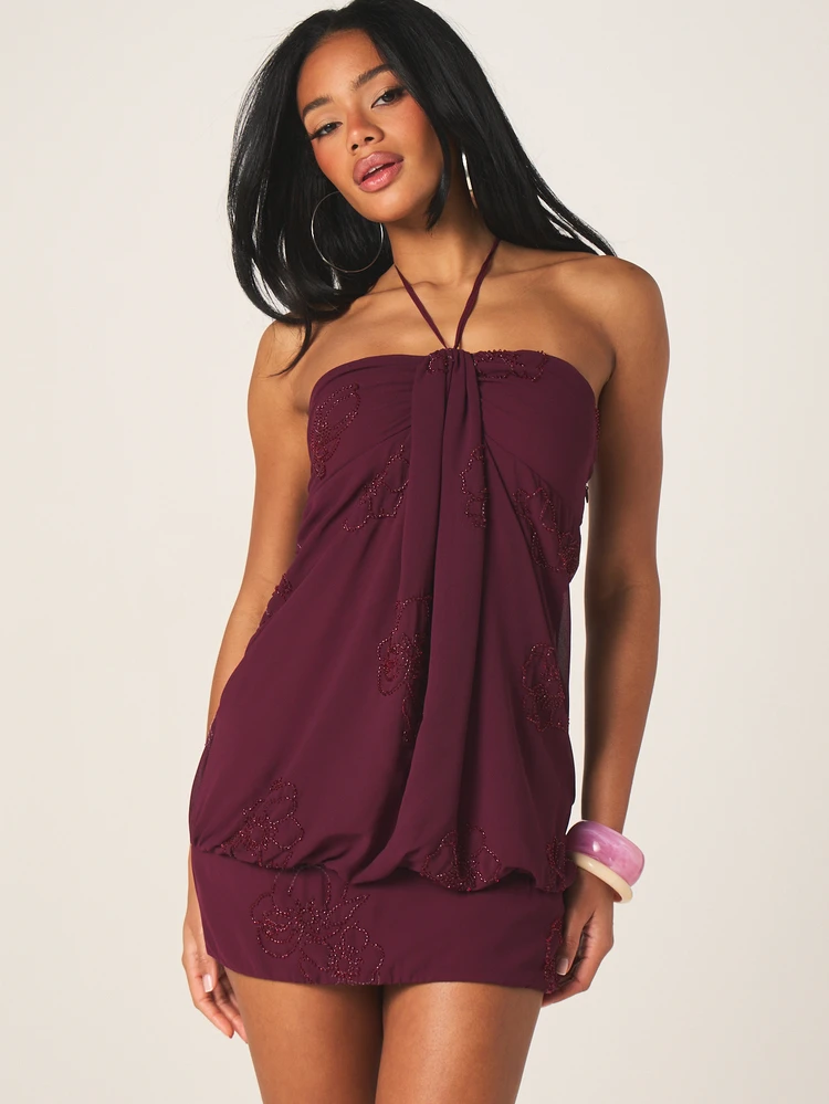 MISSGUIDED バーガンディ ホルターネック スパンコール装飾ボディコンミニドレス ドレープ付き パーティー イブニングシーンに