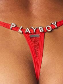 Missguided x Playboy 镶钻字母蕾丝边丁字裤，水晶装饰腰带，红色性感内衣，情人节浪漫情趣内裤 - 紅色 - 查看 6