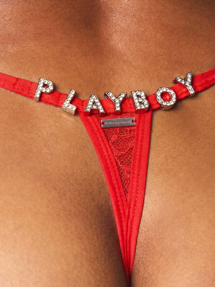 Missguided x Playboy Diamante Letter Trim Lace Thong Underwear With Crystal Embellished Waistband Red Intimate Lingerie Valentine Romance Sexy Panties