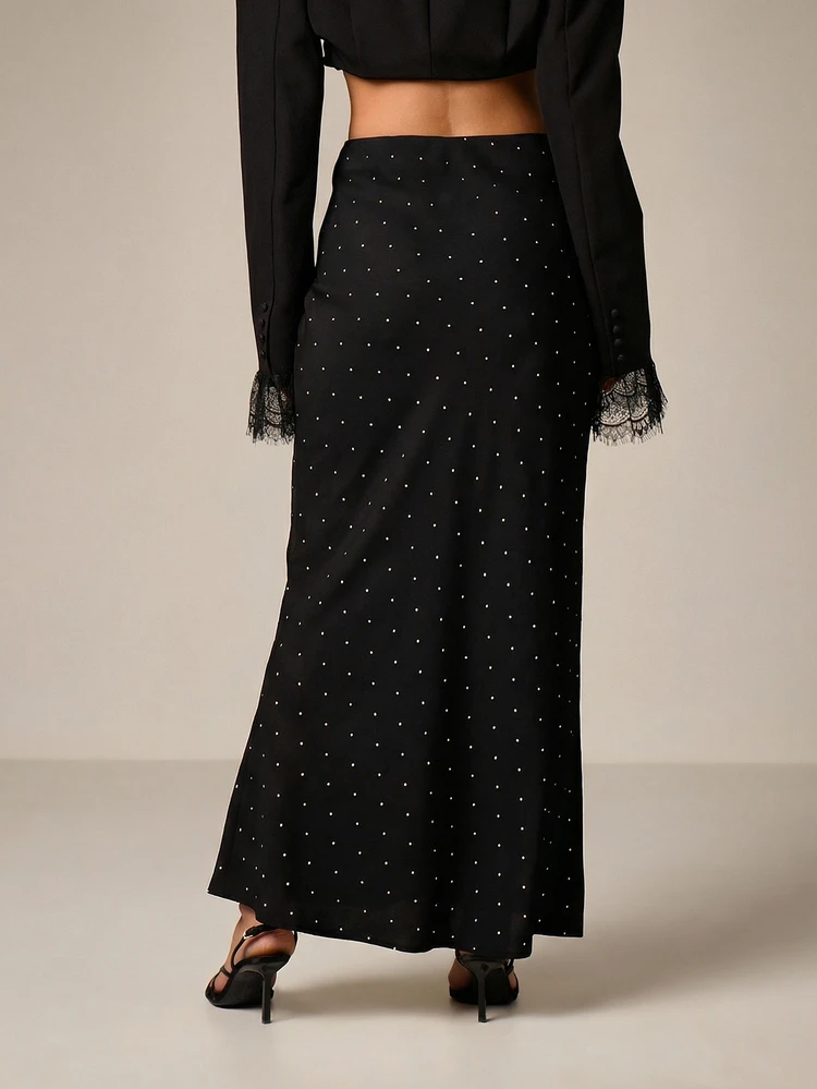 Micro Dot Print Maxi Satin Skirt