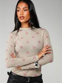 MISSGUIDED 女士透视网纱波点长袖高领修身衬衫秋冬时尚 - 杏色 - 查看 6