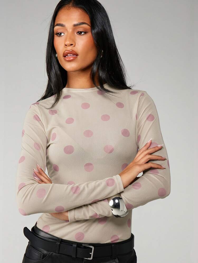 MISSGUIDED Polka Dot Mesh Mock Turtleneck Top