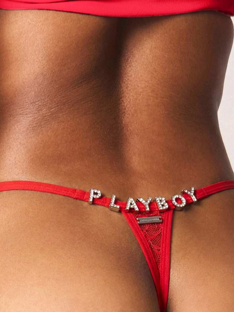 Missguided x Playboy Diamante Letter Trim Lace Thong Underwear With Crystal Embellished Waistband Red Intimate Lingerie Valentine Romance Sexy Panties