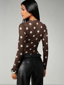 MISSGUIDED 女士长袖网纱波点上衣，透视半正式派对高领衬衫 - 駝色 - 查看 2