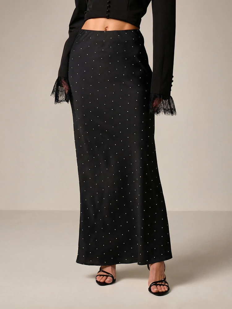 Micro Dot Print Maxi Satin Skirt