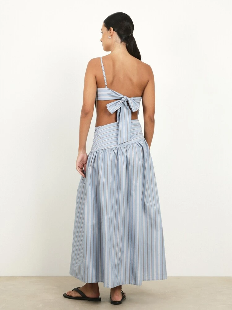 KSTM Asymmetric One Shoulder Striped Midi Dress With Cutout Back Detail And Tie Closure For Summer Occasions