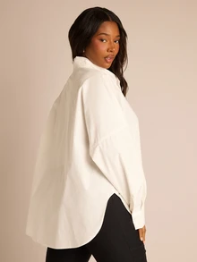 FASHION SZN Plus Size Ladies Cotton Poplin Oversized Casual Loose Fit Shirt Button Front Dipped Back Stylish Elegant Chic Sexy Minimal Autumn Blouse Office White - White - View 2