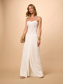 AiiRZ Women's Linen Button Through Maxi Skirt Long High Waisted A-Line Autumn Beach Golf Vacation Boho Girlisim Casual Elegant Flowy Floor Length Pastal - White - View 1