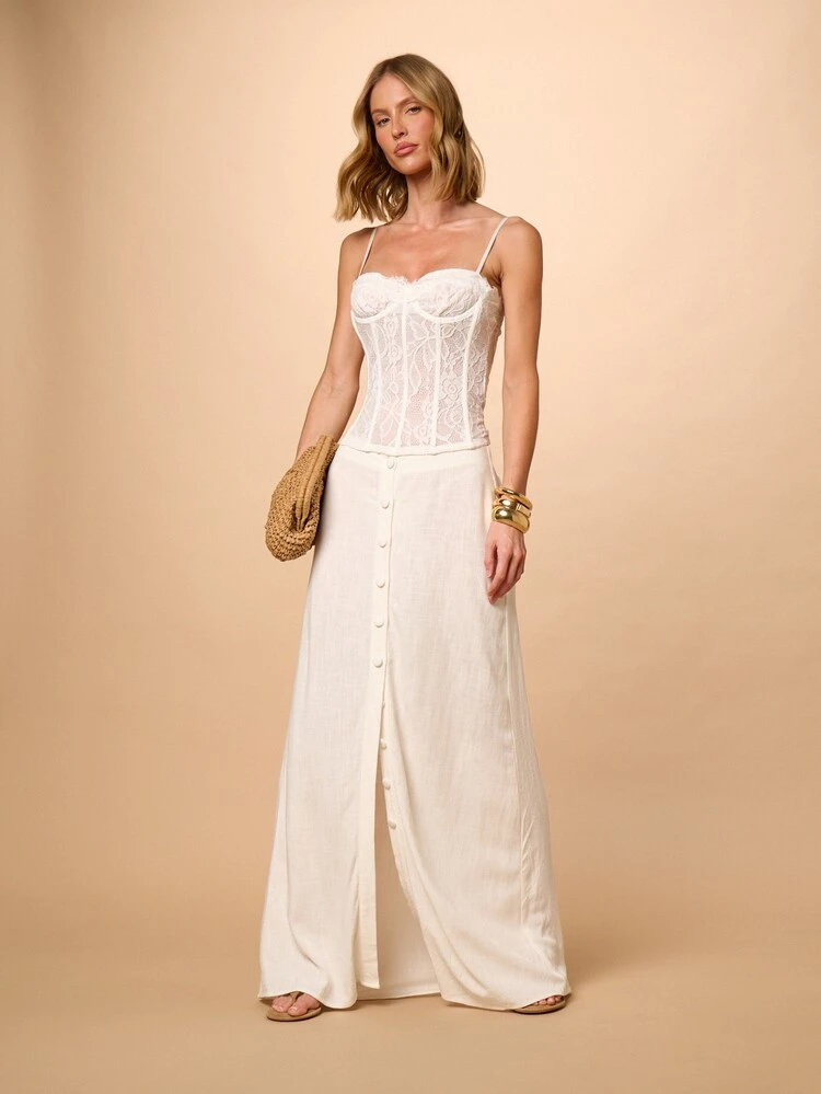 Linen Button Through Maxi Skirt With Front Split