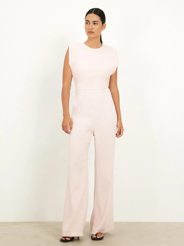 KSTM Women's Sleeveless Light Pink Palazzo Wide Leg Jumpsuit With Crew Neck And Relaxed Fit For Summer Casual Elegant Occasions