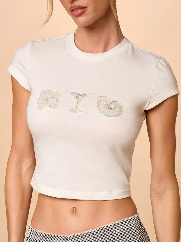 White Crop Tee With Iridescent Print
